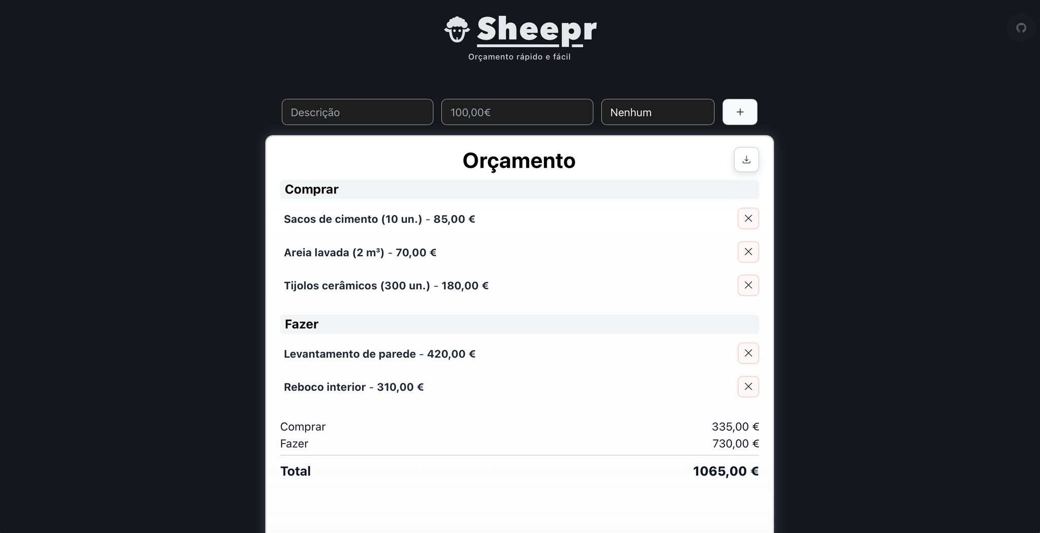 Orçamento completo com vários itens organizados